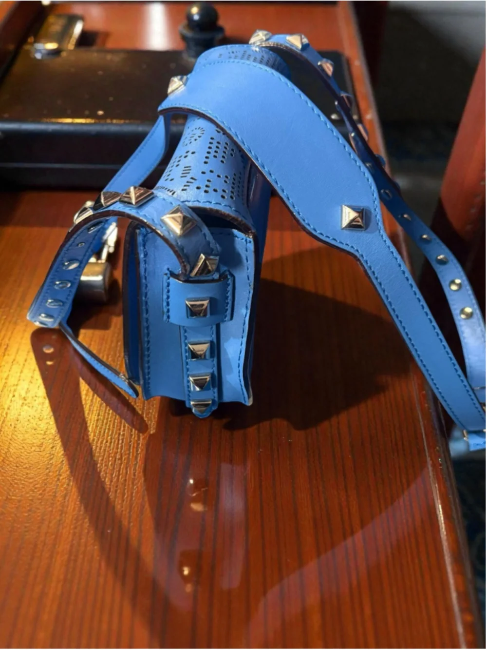 Rebecca Minkoff Skylar Crossbody Bag in Cerulean Blue Laser-cut Leather